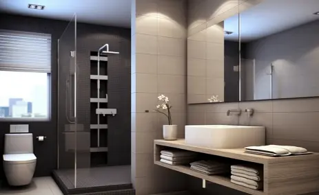 modern-bathroom-with-a-walk-in-shower, wall-mounted sink, and dark tiles.